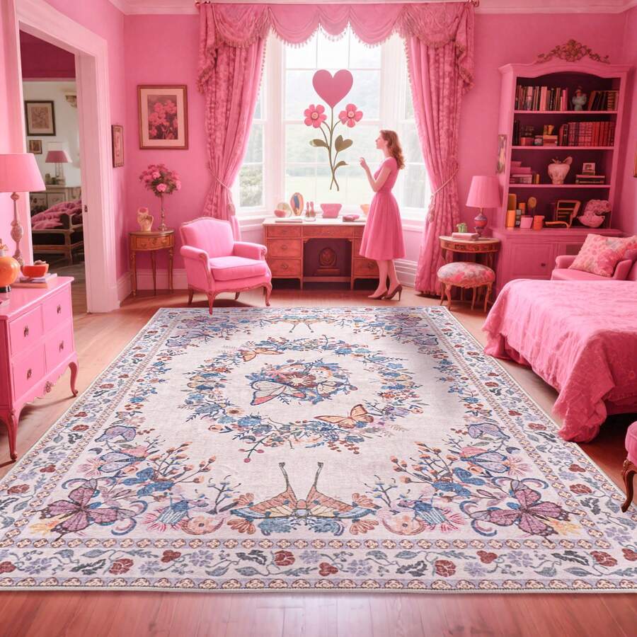 Modern Abstract Rug, Large Mat, Contemporary Decorative Rugs For Living Room, Series Bedroom Interior, Entrance Dining Room Office Throwing Mat Floor Washable - Butterfly Pink - View 1