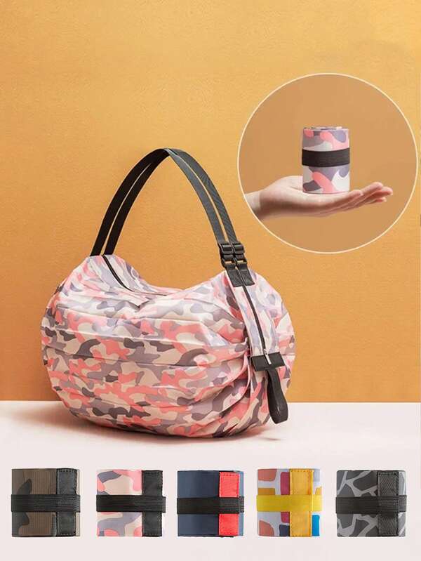 1pc Portable Large Capacity Foldable Shopping Bag, Travel Beach Gym Sports Storage Bag, Can Hold Snacks, Clothes, Etc., Reusable Grocery Tote Bag, Space-Saving, Suitable For Groceries, Travel, One Shoulder Bag, Women Handbag