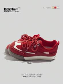 BEIER 女士皮革橡胶底休闲运动鞋，日常穿着，新款春秋款白色鞋子 - 紅色 - 查看 5