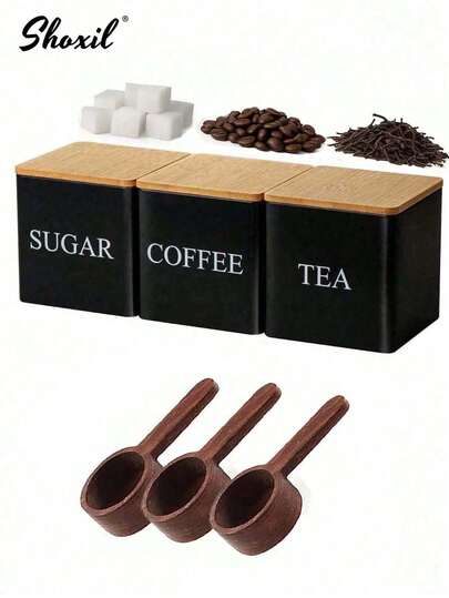 shoxil 三件套储物罐，食品储物铁罐带盖及竹勺，食品储物容器，带标签铁质储物罐，防水厨房储物盒带盖，方形茶叶罐，适用于厨房、餐厅、客厅、茶室