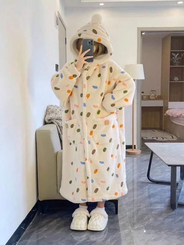 1 pieza Pijama de felpa de chenilla con estilo de lunares de colores - Pijama de lana de manga larga para invierno con cinturones, adecuado para uso casual familiar. Franela, lana, terciopelo, felpa, suave y cálido albornoces, adecuado para niñas jóvenes y estudiantes, son regalos cómodos para parejas/mejores amigos en cumpleaños y fiestas