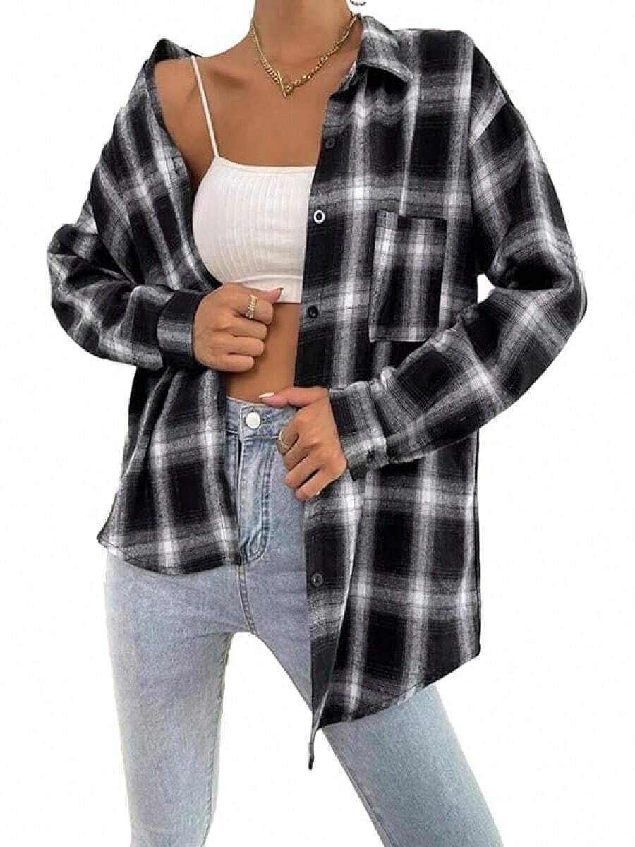 Womens Fashion Flannel Buffalo Plaid Shirt Button Down Long Sleeve Casual Loose Collared Shirts Blouse Top