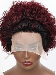 13x1 Lace Front Short Curly Wavy Human Hair Wig, 6 Inch, 1B/99J Color, Fluffy Bob Style Lace Front Wig For Women - SNATURAL/99J - View 5