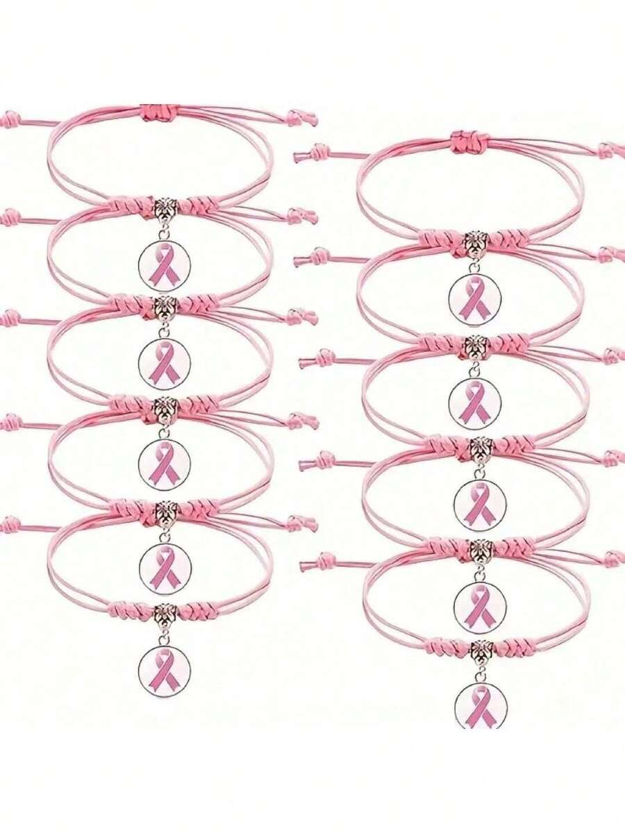 1/5/10pcs Pink Ribbon Woven Bracelets - Adjustable Jewelry Set For Women - Breast Cancer Awareness Month Support Gift - Multicolor - View 1
