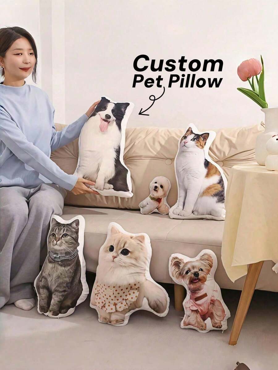 [ Customization ] 1 Personalized Pet Shaped Pillow, Pet Portrait Pillow, Dog And Cat Commemorative Gift, Pet Creative Gift, Commemorative Gift, Colorful And Unique Personalized Customized Gift, Double-Sided Printing, Three-Dimensional Decoration, Ideal Choice For Christmas And Thanksgiving. - Multicolor - View 1