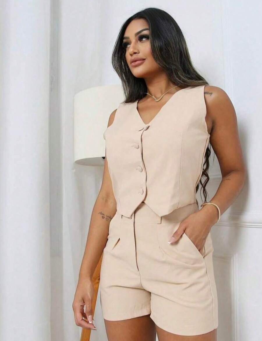 Women's Casual Tailored Set Vest And Shorts Summer 2025 - 米色 - 查看 1