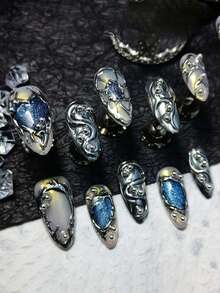 10pcs Retro Gothic Punk Handmade Nail Stickers, Korean/Japanese Style Nails, Summer Nails, Press-On Nails, Nail Art, Y2K French Nails, Vintage Series Style, Gift For Her, Reusable Acrylic False Nails, Suitable For Daily Wear For Girls And Women - Multicolor - View 3