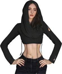 Women Knitted Hoodie Sweater Vest Sleeveless Hollow Out Hooded Crop Top Streetwear Rave Oufit - X黑色長袖 - 查看 2