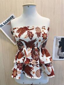 Printed Cropped Blouse With Elastic Ruffle - Coffee Brown - View 1