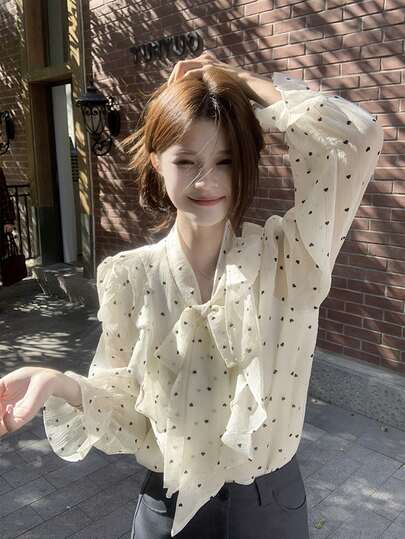 Summer New Ruffle Polka Dot Long Sleeve Blouse, Loose Bowknot Tie-Up Shirt TOPS For Women