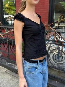 Women's Button Down Tops Fashion Cap Sleeve Solid Color Slim Fit Frill T-Shirts Summer Blouses - Black - View 5