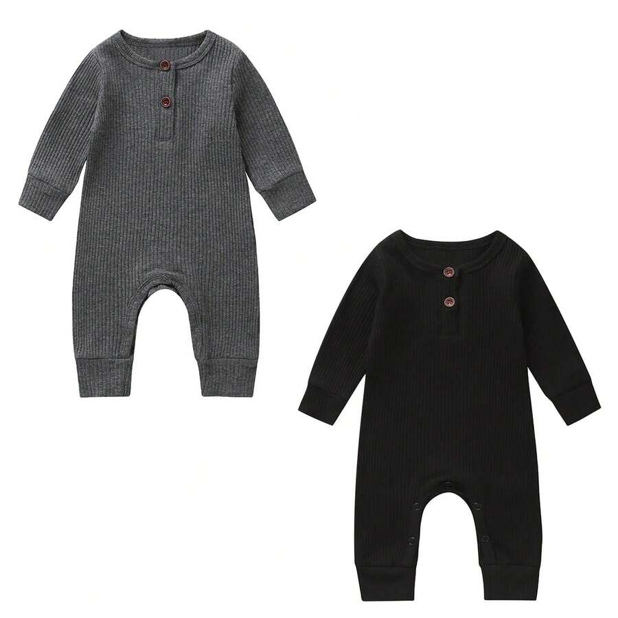 Newborn Baby Boy Girl Knitted Rib Romper Infant One Piece Jumpsuit Cotton Solid Long Sleeve  Bodysuit Basic Coming Home Outfits - Gray+Black - View 1