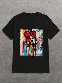New Product Jean-Michel Basquiat Love Couple ,Casual Print,Comfortable And Versatile,Letter Pattern Pure Cotton 220g Printed T-Shirt Advanced - 黑色 - 查看 1