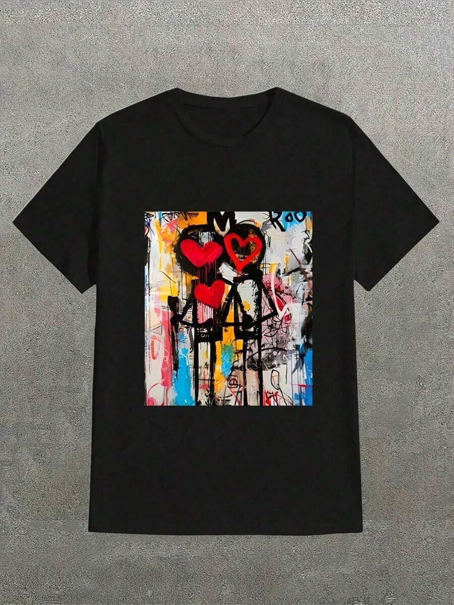 New Product Jean-Michel Basquiat Love Couple ,Casual Print,Comfortable And Versatile,Letter Pattern Pure Cotton 220g Printed T-Shirt Advanced - 黑色 - 查看 1