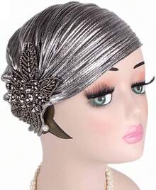 Women's Leaves Beaded Flower Ruffle Turban Hat Glitter Twist Pleated Hair Wrap Stretch Turban Vintage Headwear