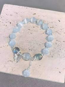 1 Stück handgemachtes Boho-Armband mit natürlichen Achat-Herz-Schmetterlingen für Frauen, elastisches Armband, Armband mit Grau-Mondstein-Perlen, Armreif, vielseitiger eleganter Stil, Edelstahl-Armband, Hochzeitsarmband, Freundschaftsarmband, perfektes Geschenk für Frauen und Feiertagsgeschenke, vielseitiger eleganter Stil