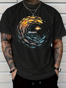 Camiseta casual de algodón puro para hombre 2025, con un diseño abstracto vibrante con tonos naranjas y azules ondulantes centrados alrededor de la palabra "Elegido". Esta elegante camiseta es perfecta para hacer una declaración audaz. Ideal para uso diario, su suave material de algodón garantiza comodidad y durabilidad. Ropa de verano para hombres al aire libre. Camiseta divertida para la cena de Acción de Gracias, camiseta divertida para el gimnasio para hombres, camiseta con gráfico de calavera para hombres, camiseta de Acción de Gracias con pavo para hombres, camiseta de regalo de cumpleaños para hermano - Negro 1 - Ver 1