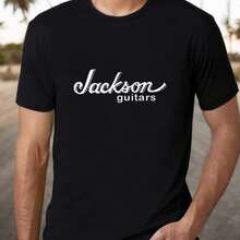 Men's Jackson Guitars Graphic Cotton T-Shirt, Casual Crew Neck, Regular Fit, Knit Fabric, Short-Sleeve Tee With Slight Stretch, Black With White Print, Lightweight & Breathable For Casual Attire, Allseason Clothing | Relaxed Fit Top | Cotton Knit Fabric Men's Summer Round Neck Short Sleeved Casual Cotton Print Loose Round Neck Short Sleeve T-Shirt - 黑色 - 查看 1