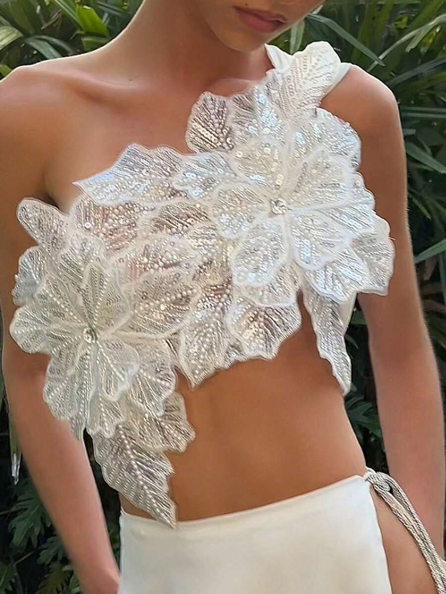 Women Asymmetrical 3D Flower Crop Cami Sparkly Glitter Sleeveless Bandage Tank Top Elegant Y2K Party Streetwear - 白色 - 查看 1