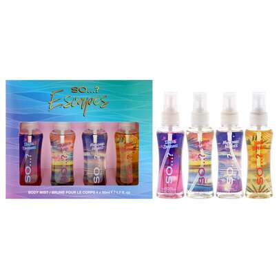 Juego de Brumas Corporales Escapes de So...? para Mujeres - 4 Piezas de 50ml de Bruma Corporal - Ibiza Dreams, 50ml de Bruma Corporal - Majorca Love, 50ml de Bruma Corporal - Mykonos Nights, 50ml de Bruma Corporal - Bali Breeze