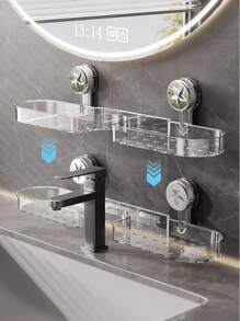 无孔水龙头架,透明壁挂式水龙头架,适用于浴室/厨房,可重复使用的洗漱用品和化妆品收纳架,非常适合放在镜子/水槽/淋浴下方,是送给租房者/妈妈/组织者的绝佳礼物,非常适合乔迁和母亲节,重型防水架 - 彩色 - 查看 9