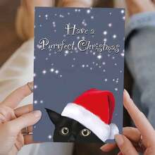 Christmas Greeting Card With Envelope - 1pc - "Have A Purrfect Christmas" Black Cat With Santa Hat Holiday Card For Anyone