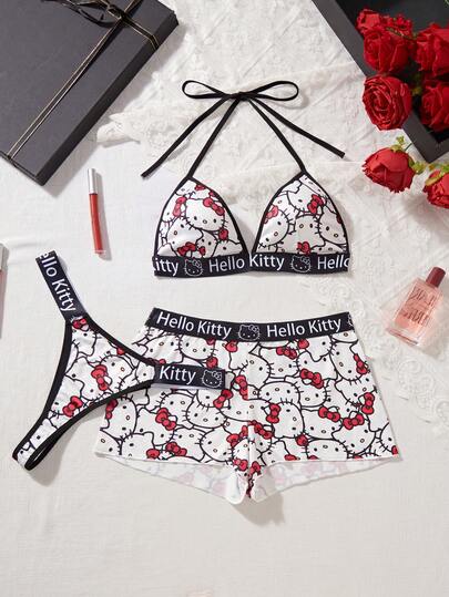 Sanrio 3pcs Women's Hello Kitty,Black&White,Kitty&Letter Tape,Sporty Style,Vitality,Sexy Lingerie Dress,Sexy Lingerie Set