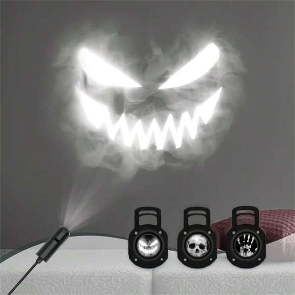 3件/6件/10件万圣节/圣诞节投影灯，360°可旋转USB LED灯，无需电池，带烟雾表情面部投影、棕榈纹和骷髅投影，适用于床头柜、卧室、客厅、天花板、墙壁装饰，万圣节/圣诞节