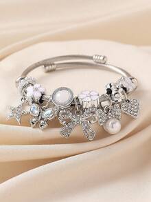 1pc Women's Versatile Beaded Bow Adjustable Bracelet, European & American Style - Silver - View 4