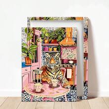 1pc Unframed Tiger With Coffee And French Press Canvas Print - Minimalist Kitchen Wall Art - Bold Tiger Coffee Enthusiast Decor - Vintage Jungle Print Posters,Wall Art,Room Decoration Stuff,Fall,Halloween,Modern,Vintage(Optional) Frame) - Multicolor - View 12