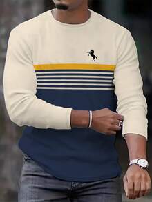 100%涤纶条纹长袖T恤-男士休闲常规版型微弹-圆领长袖T恤 - 彩色 - 查看 2