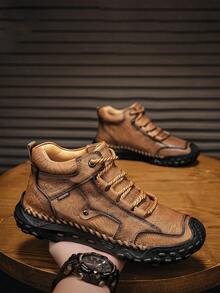 Zapatos casuales de media caña hechos a mano para hombres, zapatos deportivos simples y de moda con cordones, adecuados para uso diario, senderismo al aire libre, trekking, correr, color marrón, talla grande