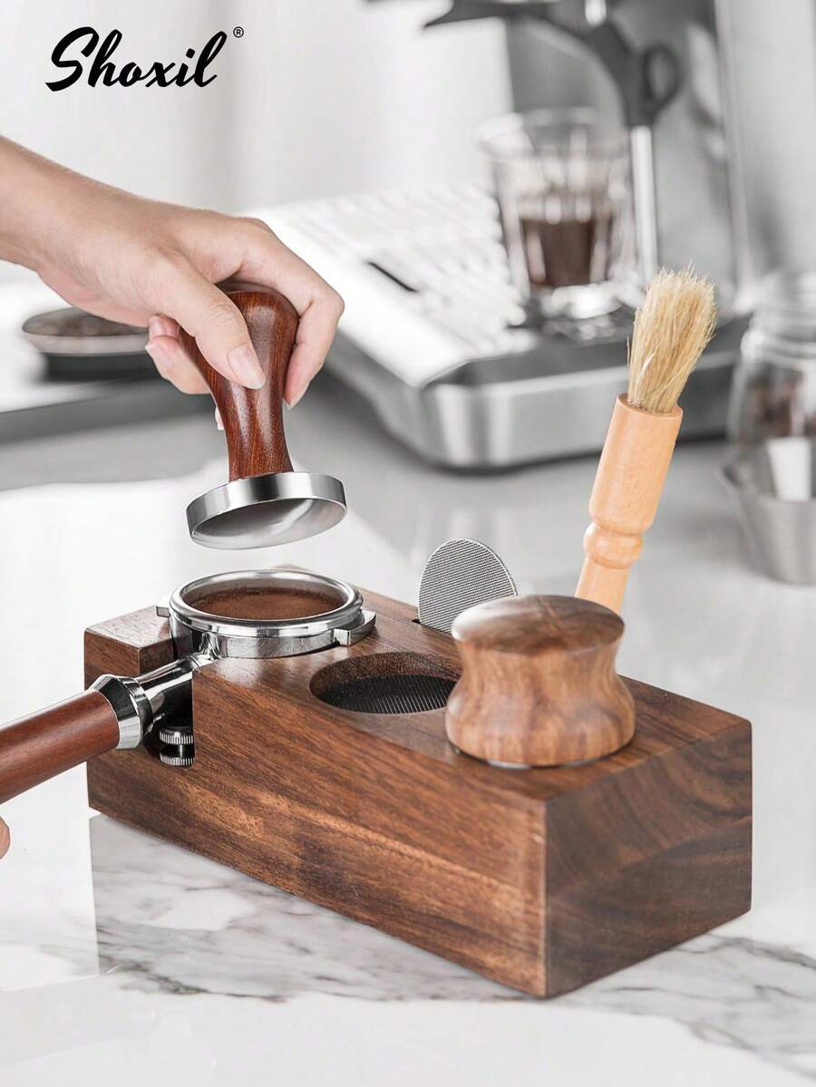 shoxil 1pc Coffee Tamper Base, Coffee Machine Portafilter Accessory, Coffee Portafilter Holder, Solid Wood Tamper Stand, Powder Distribution Base, Tamper Aid Tool, Beechwood/Walnut Wood