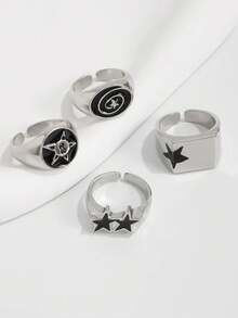 Bộ 4/3 nhẫn đính đá ngũ giác hình học bất đối xứng phong cách đường phố Hip Hop cổ điển, nhẫn xếp chồng cao cấp cá nhân hóa phù hợp cho nam giới, ngày lễ, tiệc tùng, hẹn hò, quà tặng, trang phục hàng ngày, trang sức đa năng - Bạc - Xem 10