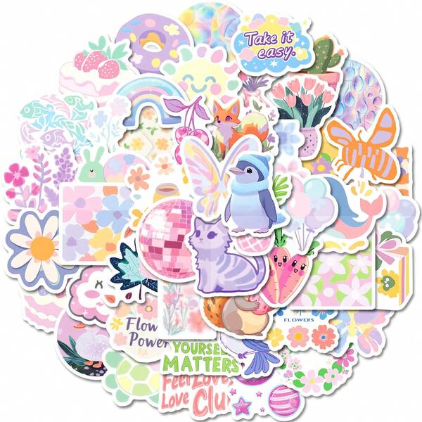 50 piezas Pegatinas con dibujos florales lindos, resistentes al agua para equipaje, botellas de agua, fundas de teléfono, guitarra, altavoz
