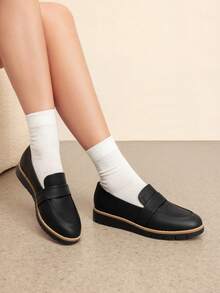 Women Loafers Arch Support Slip-On Round Toe Wedge Heel Loafers Classic Style Comfortable Business Casual Work Daily Shoes - 黑色/PU - 查看 3