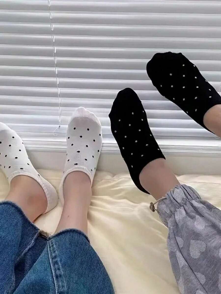 Kit 6 Pares Meia De Poá Preta e Branca Cano Curto Soquete Algodão Conforto Moda Unissex - Preto e Branco - Visão 1