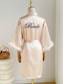 Belted Bathrobe With Alphabet Embroidery For Women, Luxury And Comfortable And Elegant Details For Autumn,Wedding Bathrobe, White Wedding Dress With Gold Embroidery, Nightwear,For Daily Wear, Comfortable And Elegant Details, For Autumn And Winter