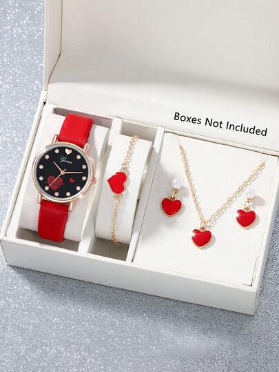 SOKI SOKI 一套女士手表，配有PU皮表带，休闲石英表，搭配心形项链、耳环和手链首饰套装，适合日常佩戴、生日礼物、派对、节日聚会，是送给自己或朋友的理想礼物。不含包装盒。