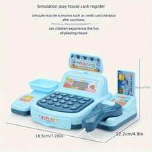 Tecforood 1 Mini Simulated Cash Register Toy With Light Blue As The Main Color And Printed With Cute Patterns Such As Fruits. It Has A Cute Supermarket Style, High-Quality Plastic Material, And Restores The Shape Of A Real Cash Register (Including Rich Details Such As Calculator And Card Reader), The Basic Model Has No Sound Function