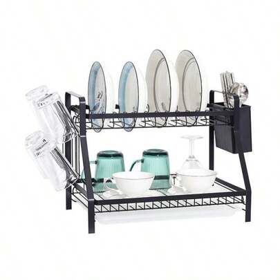 Super life 1 stuk Groot afdruiprek voor aanrechtbladen, dubbellaags metalen afdruiprek, keukenafdruiprek van koolstofstaal, afdruiprek van roestvrij staal met afdruiprekset en bestekrek, opbergrek voor kopjes, borden en kommen