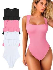 OQQ 3 Piece Bodysuits For Women Sexy Ribbed Strappy Square Neck Stretch Tank Tops Bodysuits - Black, Candy Pink, White - View 1