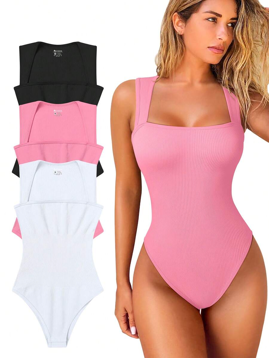 OQQ 3 Piece Bodysuits For Women Sexy Ribbed Strappy Square Neck Stretch Tank Tops Bodysuits - Black, Candy Pink, White - View 1