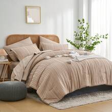 7pcs Simple And Stylish Cut Flower Bed Comforter Set, 100% Polyester Soft Comfortable And Durable Summer Bedding Set, Include 1 Comforter+1 Flat Sheet+1 Fitted Sheet+2 Pillowcases+2 Pillowsham,All-Season, Bed In A Bag, Perfect Room Decor, Holiday Gift - Màu Khaki - Xem 2