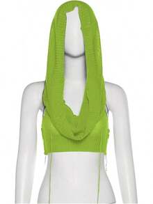 Women Knitted Hoodie Sweater Vest Sleeveless Hollow Out Hooded Crop Top Streetwear Rave Oufit - 霓虹綠 - 查看 3