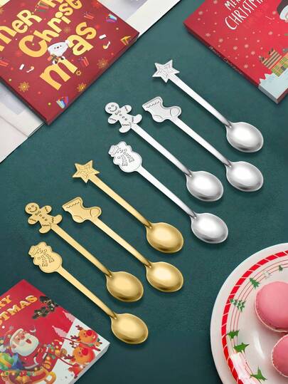 Christmas Spoon, Stainless Steel Christmas Mixing Spoons Set, Xmas Coffee Spoon Dessert Spoon Stirring Spoon Ice Cream Spoon, Teaspoons For Dessert Drinks Espresso Milkshake Jam, 4 Styles/Set, Creative Tableware Gift, Christmas Decoration, Christmas Stocking Fillers, Christmas Supplies