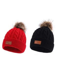 2 件 FAS 标志针织帽，男女通用，儿童保暖麻花针织帽 - 2pcs - 查看 11