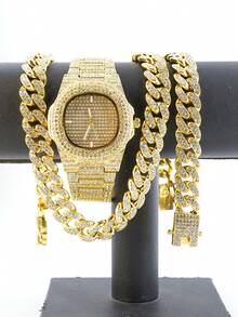 3 件欧美时尚嘻哈水钻 12 毫米手链、项链、石英腕表套装，男士街头风格配饰 - 金黃色 - 查看 11
