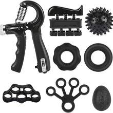 Kit de Entrenamiento de Fuerza de Agarre (Paquete de 8), Entrenador de Entrenamiento de Antebrazo Ajustable, Fortalecedor de Agarre De Mano con Bolsa de Transporte, Ejercitador de Fuerza de Dedos, Estirador de Dedos, Anillo de Agarre y Bola de Agarre para Aliviar el EstréS para Atletas - Negro - Ver 1
