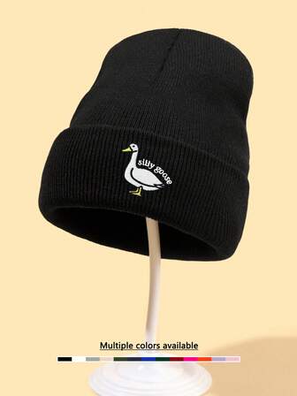 1pc Unisex Silly Goose Embroidered Knit Beanie Hat, Soft & Comfortable Hip Hop No Brim Cap, Suitable For Outdoor, Travel, Hiking, Party, Autumn/Winter, Versatile Autumn Outfits